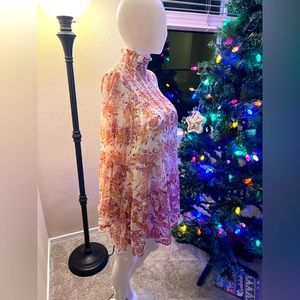 trixxi chiffon dress ivory pink floral mock turtle neck dress junior size M